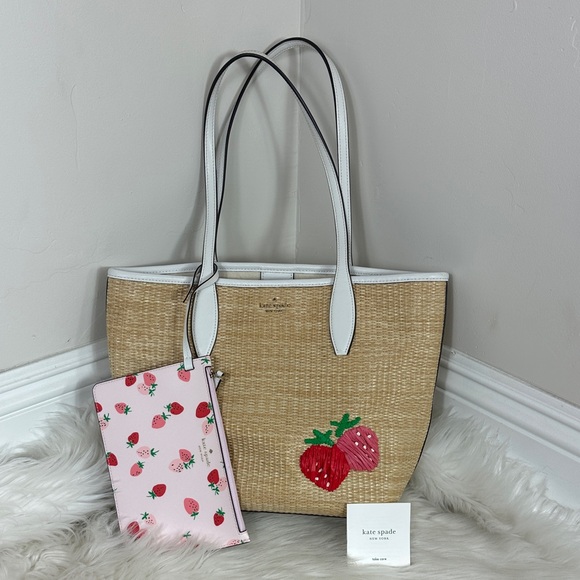 kate spade Handbags - Kate Spade Tan Straw Tote with White and Pink Accents
